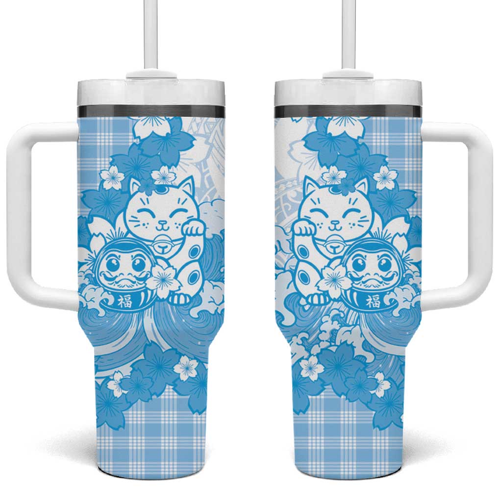 Blue Palaka Hawaiian And Japanese Tumbler With Handle Maneki Neko And Sakura Bloom