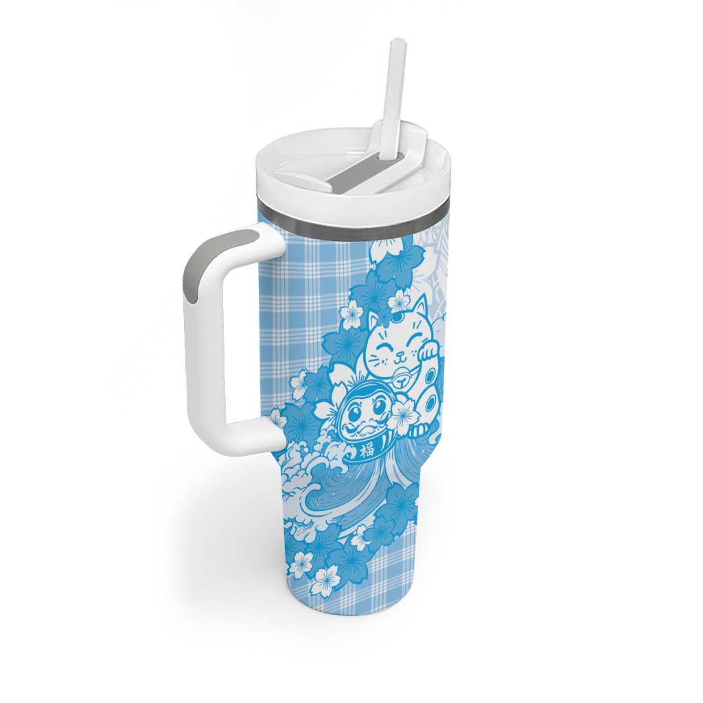 Blue Palaka Hawaiian And Japanese Tumbler With Handle Maneki Neko And Sakura Bloom