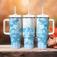Blue Palaka Hawaiian And Japanese Tumbler With Handle Maneki Neko And Sakura Bloom
