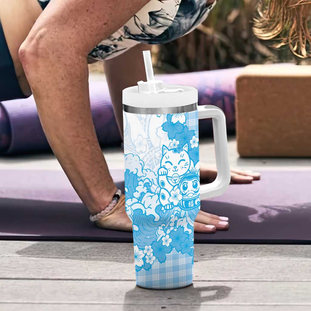 Blue Palaka Hawaiian And Japanese Tumbler With Handle Maneki Neko And Sakura Bloom