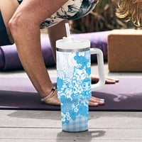 Blue Palaka Hawaiian And Japanese Tumbler With Handle Maneki Neko And Sakura Bloom