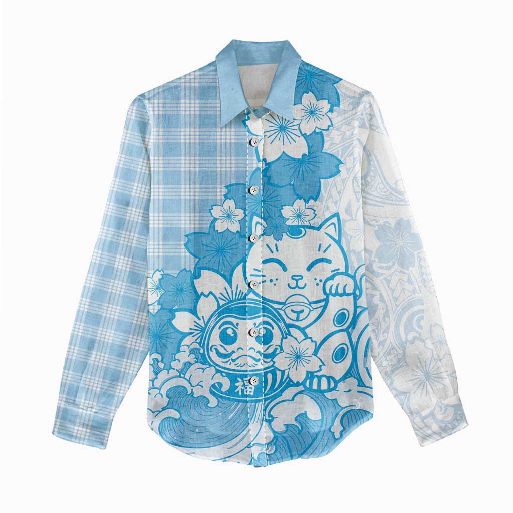 Blue Palaka Hawaiian And Japanese Women Casual Shirt Maneki Neko And Sakura Bloom