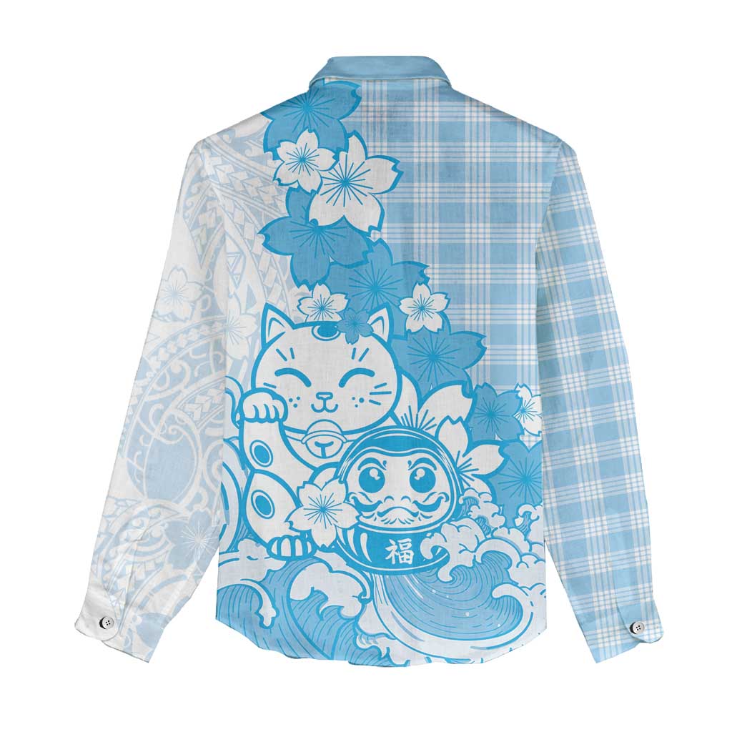 Blue Palaka Hawaiian And Japanese Women Casual Shirt Maneki Neko And Sakura Bloom