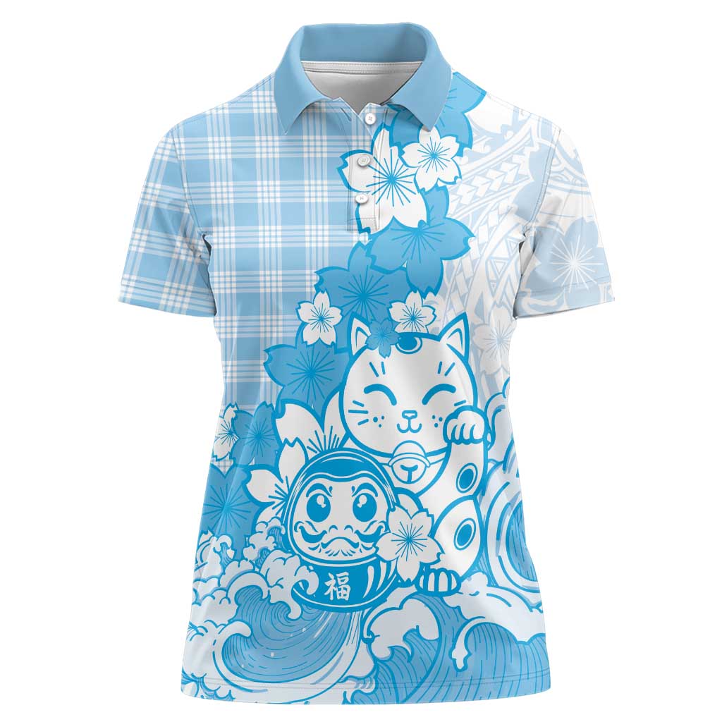 Blue Palaka Hawaiian And Japanese Women Polo Shirt Maneki Neko And Sakura Bloom DT05 Female Blue - Polynesian Pride