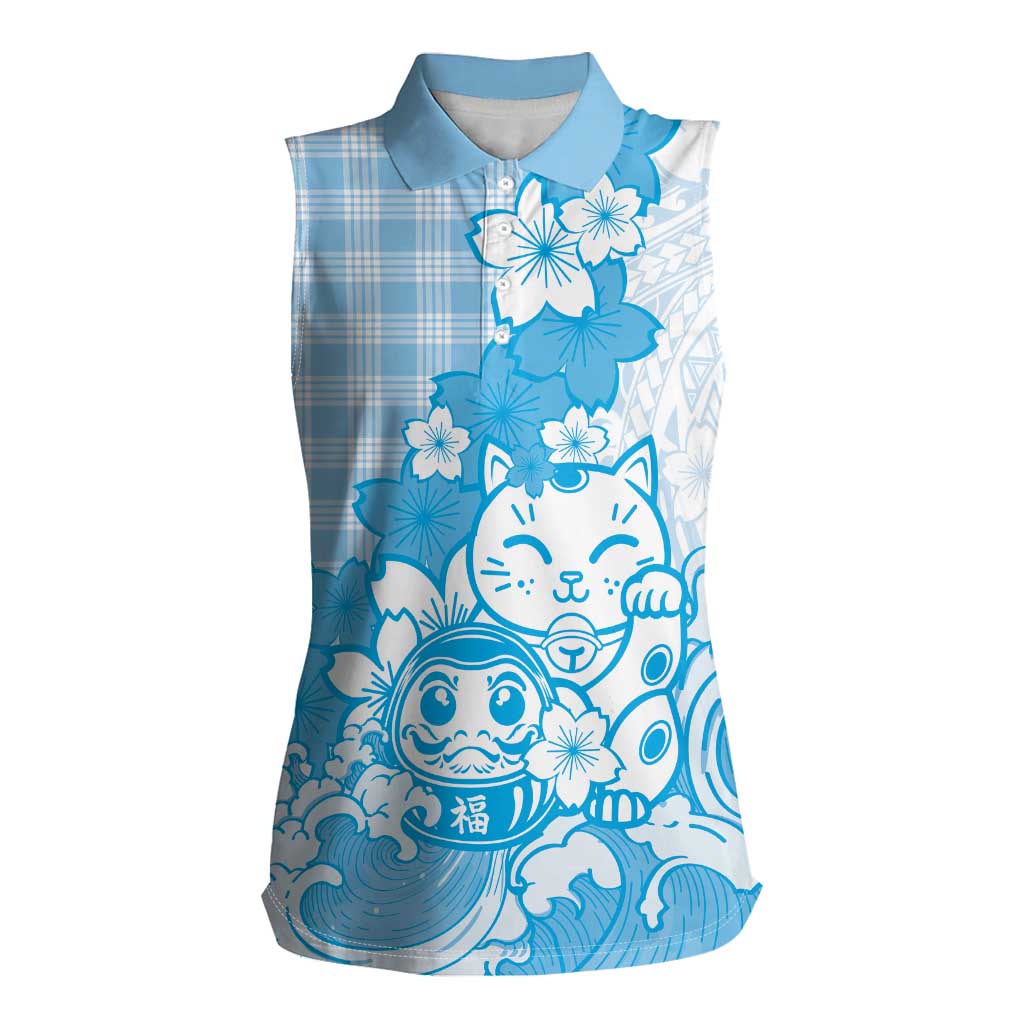 Blue Palaka Hawaiian And Japanese Women Sleeveless Polo Shirt Maneki Neko And Sakura Bloom