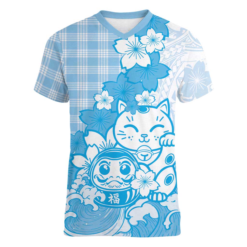 Blue Palaka Hawaiian And Japanese Women V-Neck T-Shirt Maneki Neko And Sakura Bloom