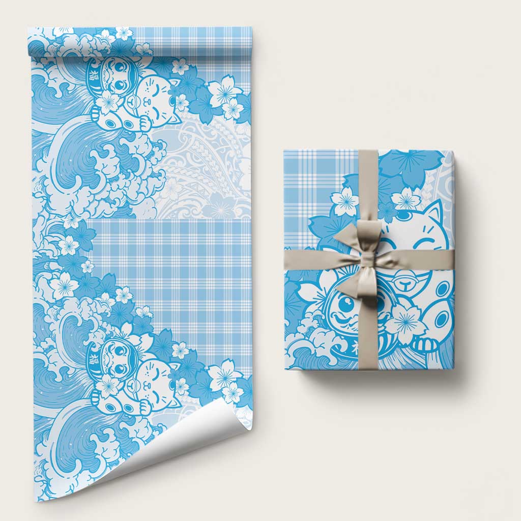 Blue Palaka Hawaiian And Japanese Wrapping Paper Maneki Neko And Sakura Bloom