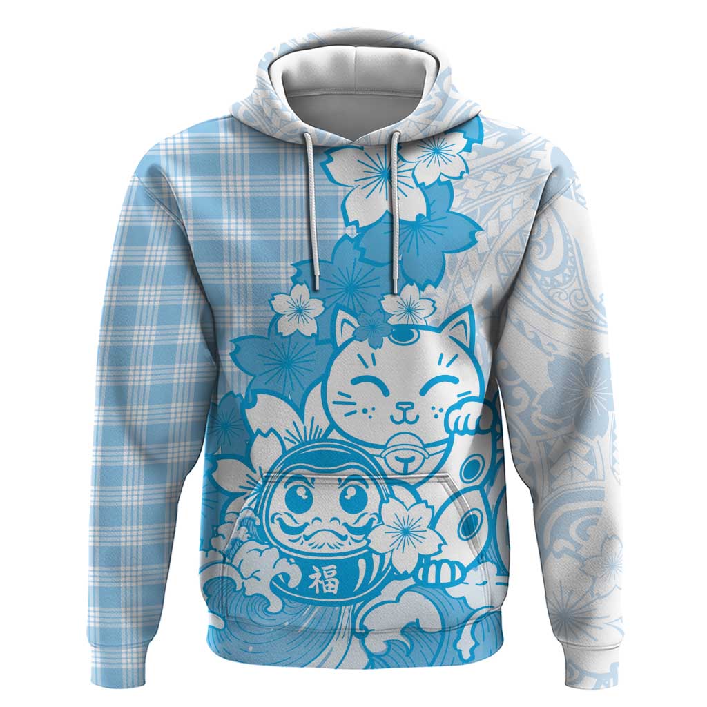 Blue Palaka Hawaiian And Japanese Zip Hoodie Maneki Neko And Sakura Bloom DT05 Pullover Hoodie Blue - Polynesian Pride