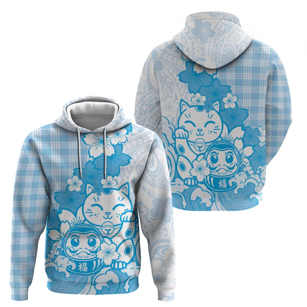 Blue Palaka Hawaiian And Japanese Zip Hoodie Maneki Neko And Sakura Bloom DT05 - Polynesian Pride