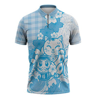 Blue Palaka Hawaiian And Japanese Zipper Polo Shirt Maneki Neko And Sakura Bloom DT05 Blue - Polynesian Pride