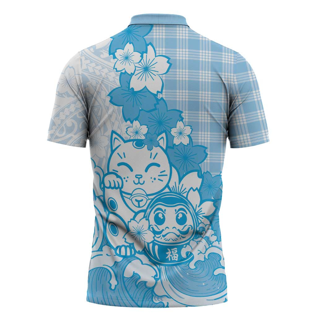Blue Palaka Hawaiian And Japanese Zipper Polo Shirt Maneki Neko And Sakura Bloom DT05 - Polynesian Pride