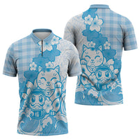 Blue Palaka Hawaiian And Japanese Zipper Polo Shirt Maneki Neko And Sakura Bloom DT05 - Polynesian Pride