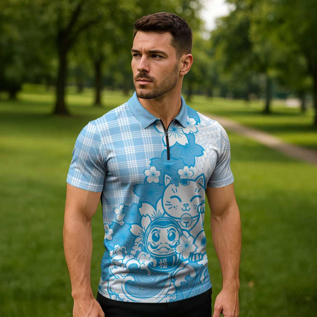 Blue Palaka Hawaiian And Japanese Zipper Polo Shirt Maneki Neko And Sakura Bloom DT05 - Polynesian Pride