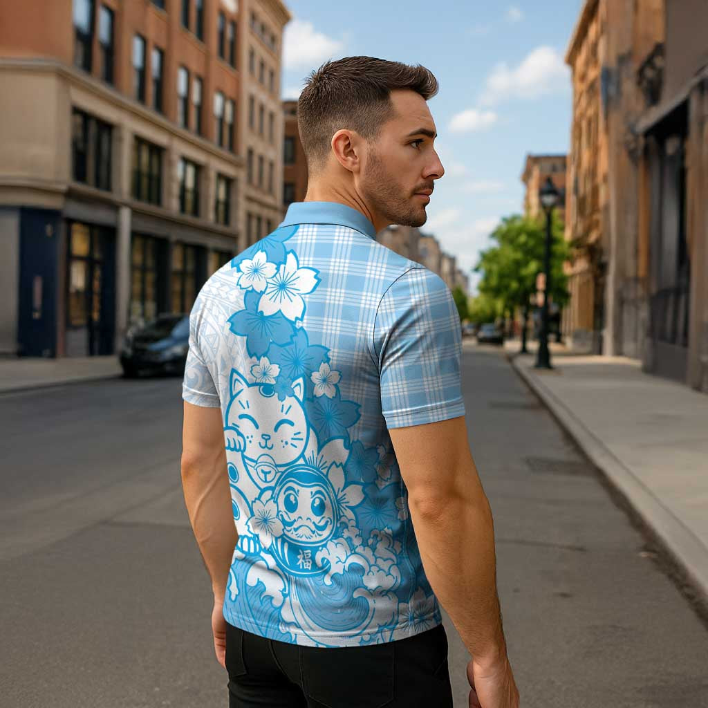 Blue Palaka Hawaiian And Japanese Zipper Polo Shirt Maneki Neko And Sakura Bloom DT05 - Polynesian Pride