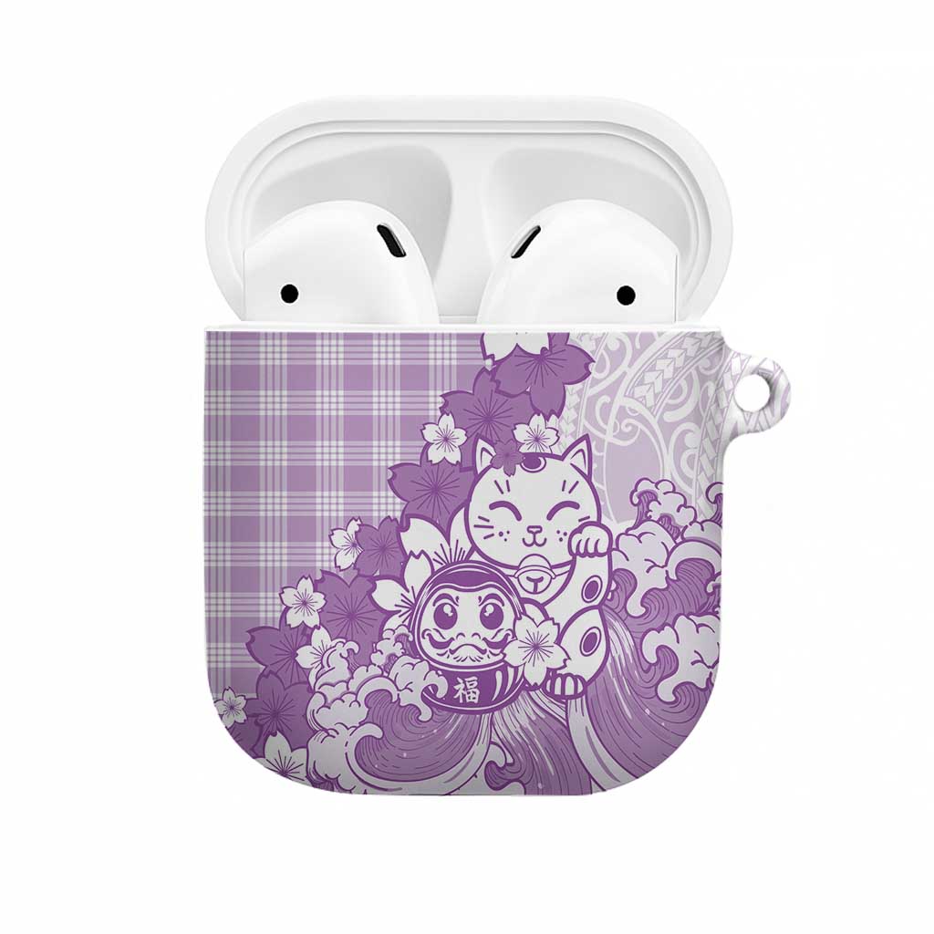 Purple Palaka Hawaiian And Japanese AirPods Case Maneki Neko And Sakura Bloom DT05 Purple - Polynesian Pride
