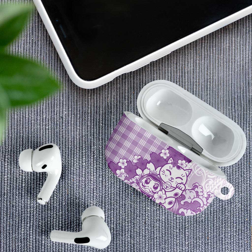 Purple Palaka Hawaiian And Japanese AirPods Case Maneki Neko And Sakura Bloom DT05 - Polynesian Pride