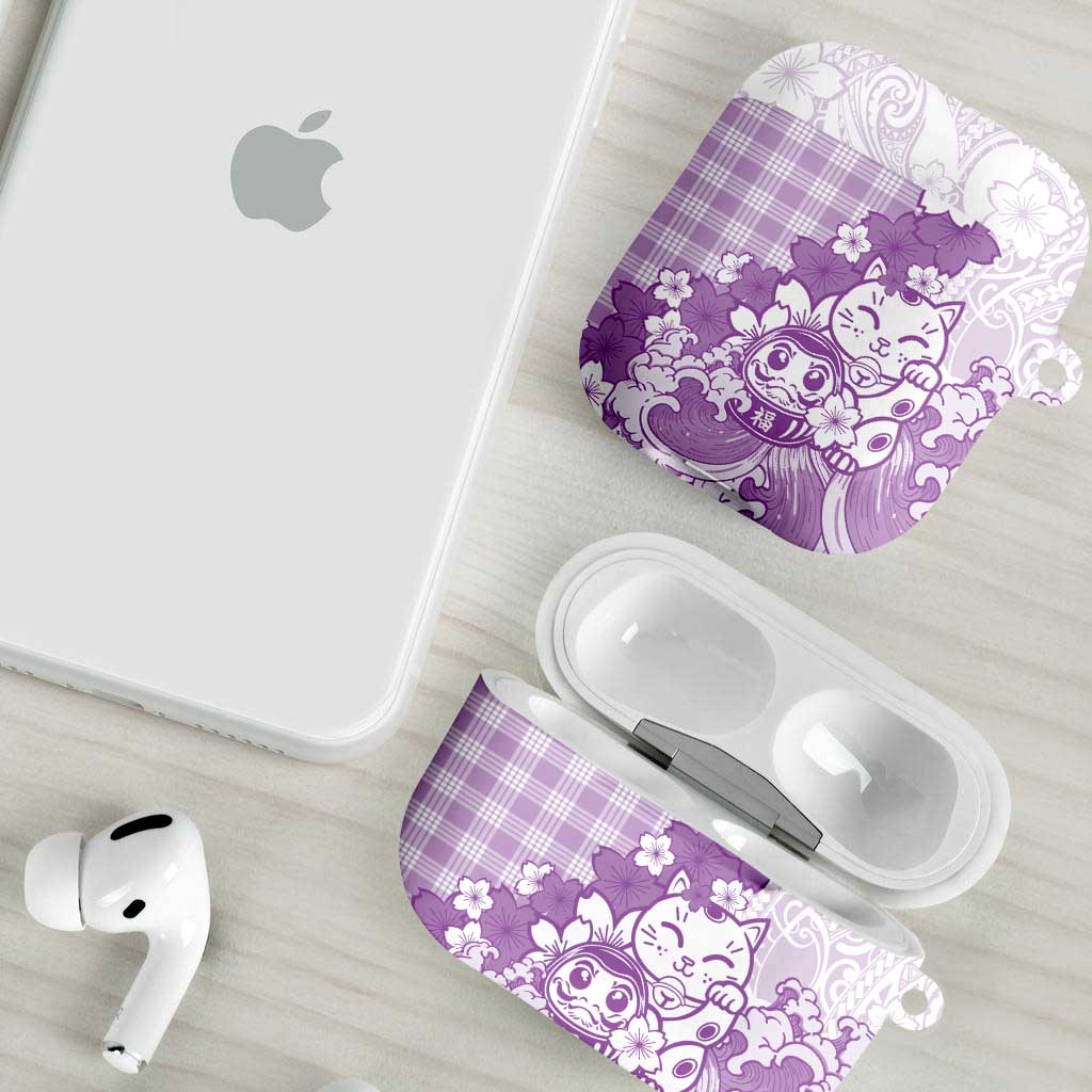 Purple Palaka Hawaiian And Japanese AirPods Case Maneki Neko And Sakura Bloom DT05 - Polynesian Pride