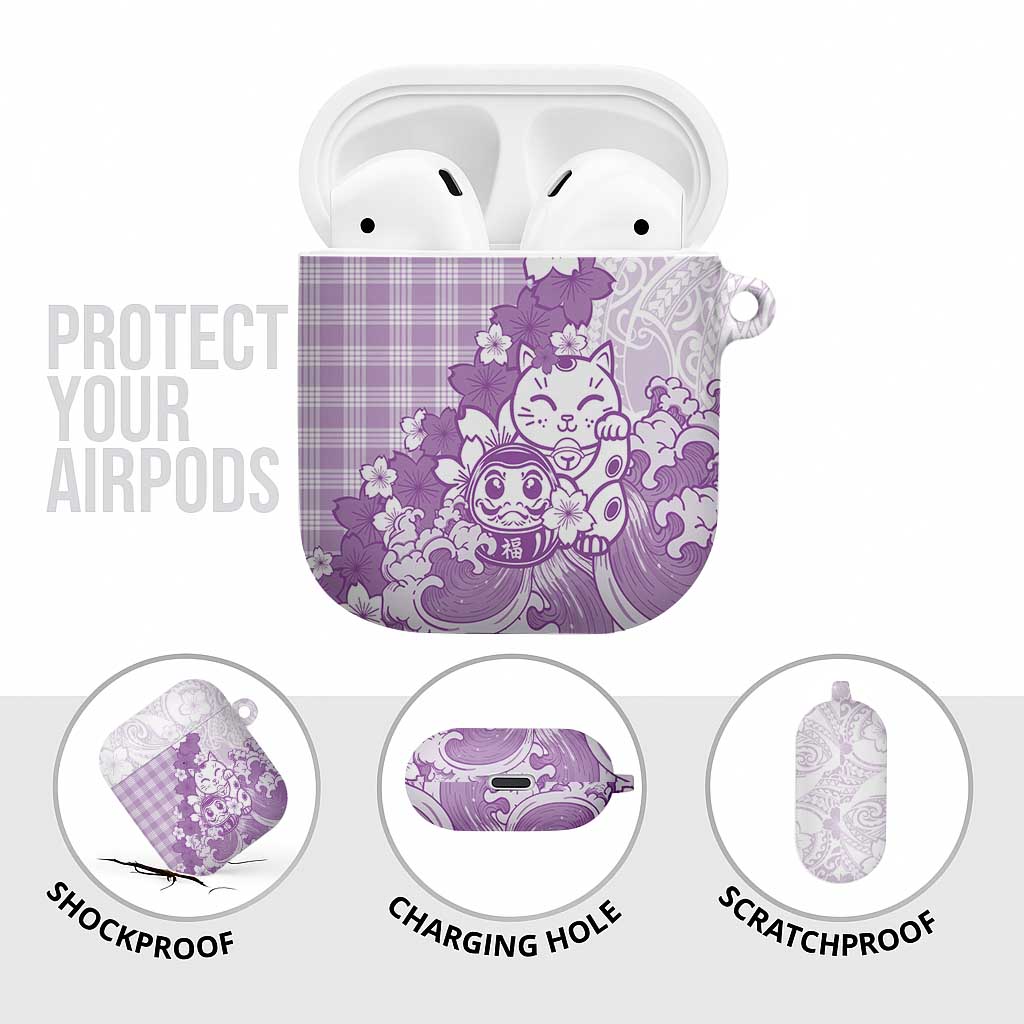 Purple Palaka Hawaiian And Japanese AirPods Case Maneki Neko And Sakura Bloom DT05 - Polynesian Pride