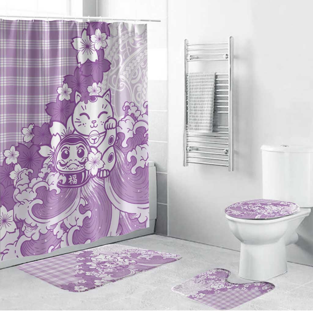 Purple Palaka Hawaiian And Japanese Bathroom Set Maneki Neko And Sakura Bloom