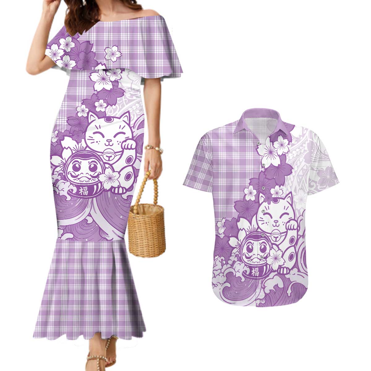 Purple Palaka Hawaiian And Japanese Couples Matching Mermaid Dress and Hawaiian Shirt Maneki Neko And Sakura Bloom DT05 Purple - Polynesian Pride