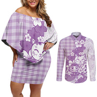 Purple Palaka Hawaiian And Japanese Couples Matching Off Shoulder Short Dress and Long Sleeve Button Shirt Maneki Neko And Sakura Bloom
