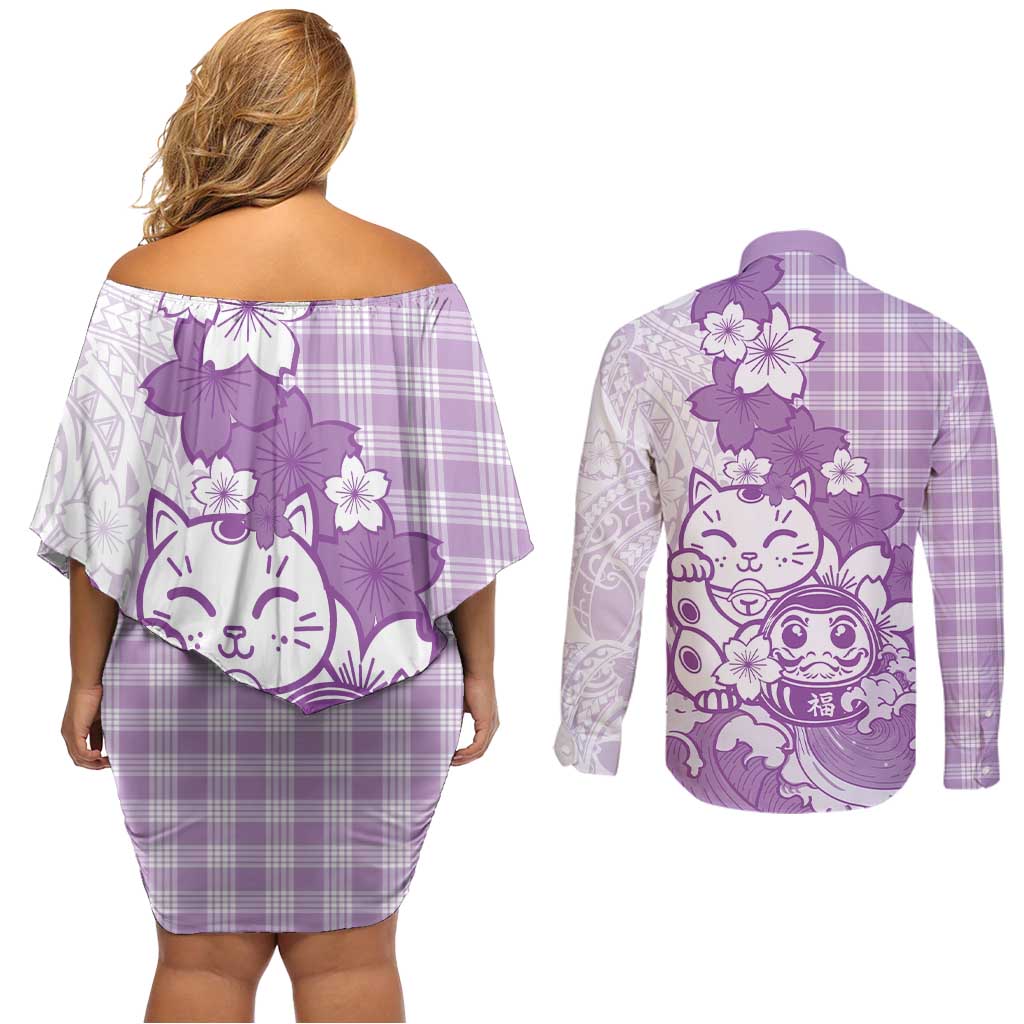 Purple Palaka Hawaiian And Japanese Couples Matching Off Shoulder Short Dress and Long Sleeve Button Shirt Maneki Neko And Sakura Bloom