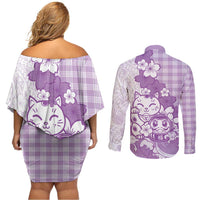 Purple Palaka Hawaiian And Japanese Couples Matching Off Shoulder Short Dress and Long Sleeve Button Shirt Maneki Neko And Sakura Bloom