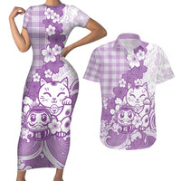 Purple Palaka Hawaiian And Japanese Couples Matching Short Sleeve Bodycon Dress and Hawaiian Shirt Maneki Neko And Sakura Bloom