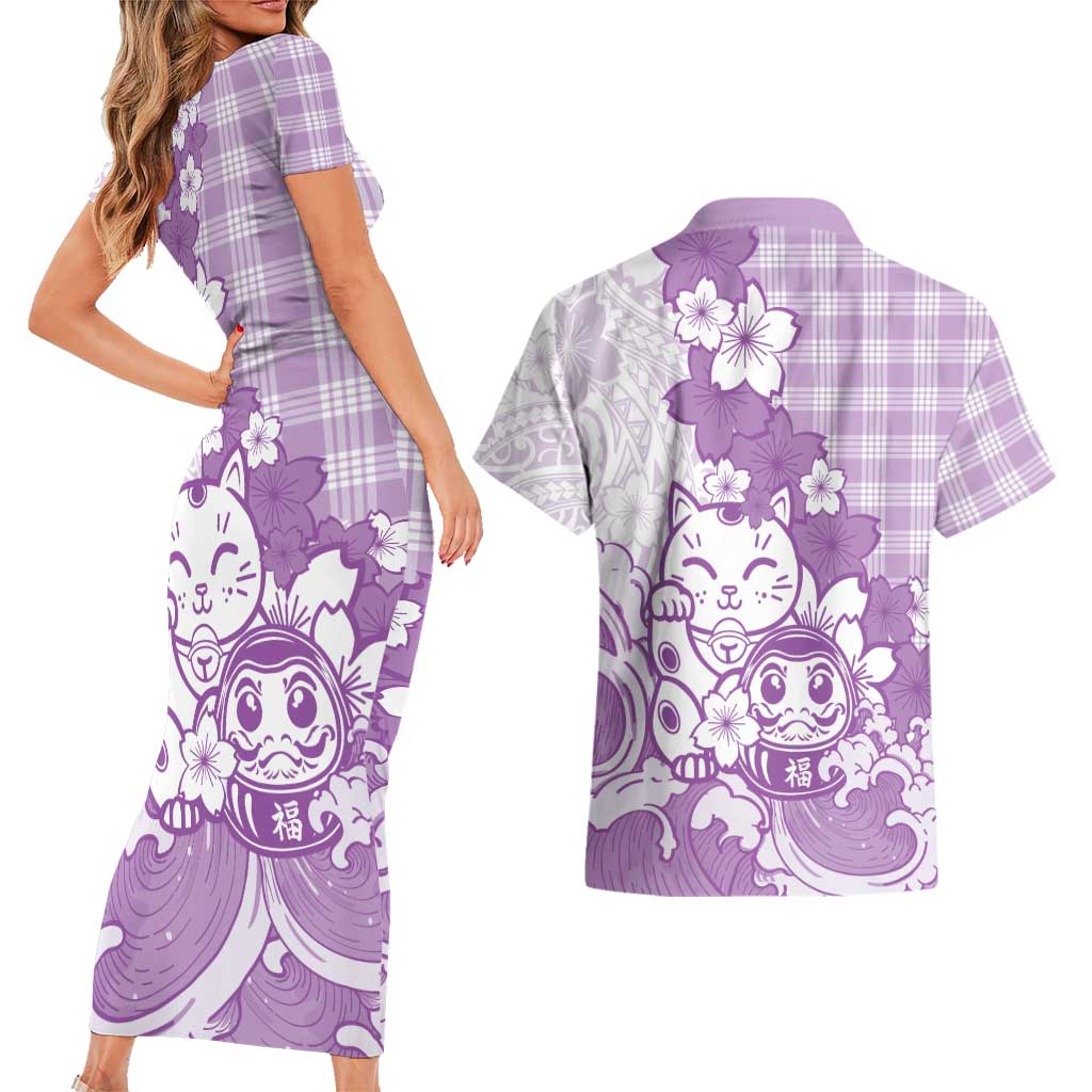 Purple Palaka Hawaiian And Japanese Couples Matching Short Sleeve Bodycon Dress and Hawaiian Shirt Maneki Neko And Sakura Bloom
