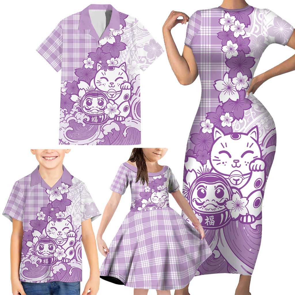 Purple Palaka Hawaiian And Japanese Family Matching Short Sleeve Bodycon Dress and Hawaiian Shirt Maneki Neko And Sakura Bloom DT05 - Polynesian Pride