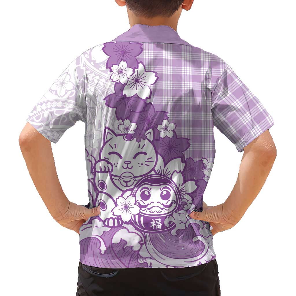 Purple Palaka Hawaiian And Japanese Family Matching Tank Maxi Dress and Hawaiian Shirt Maneki Neko And Sakura Bloom