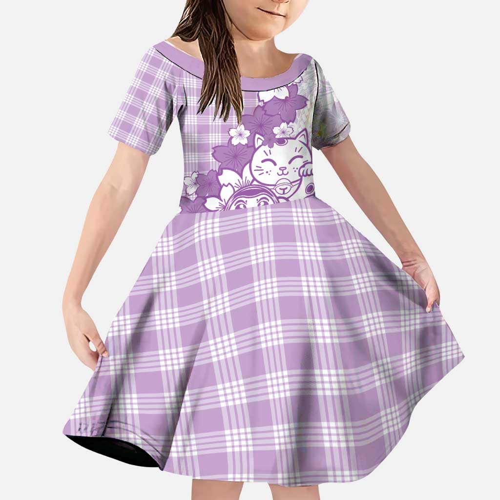 Purple Palaka Hawaiian And Japanese Family Matching Tank Maxi Dress and Hawaiian Shirt Maneki Neko And Sakura Bloom