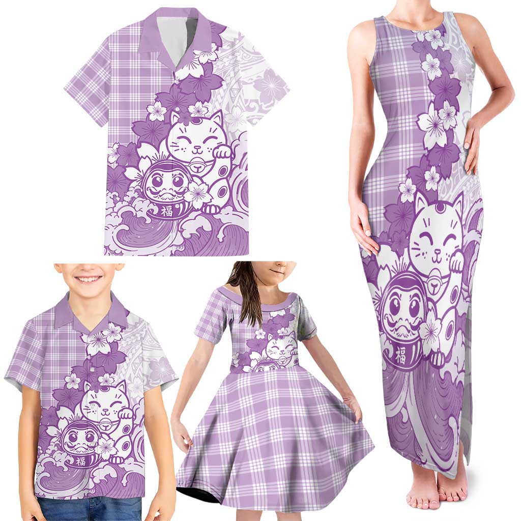 Purple Palaka Hawaiian And Japanese Family Matching Tank Maxi Dress and Hawaiian Shirt Maneki Neko And Sakura Bloom