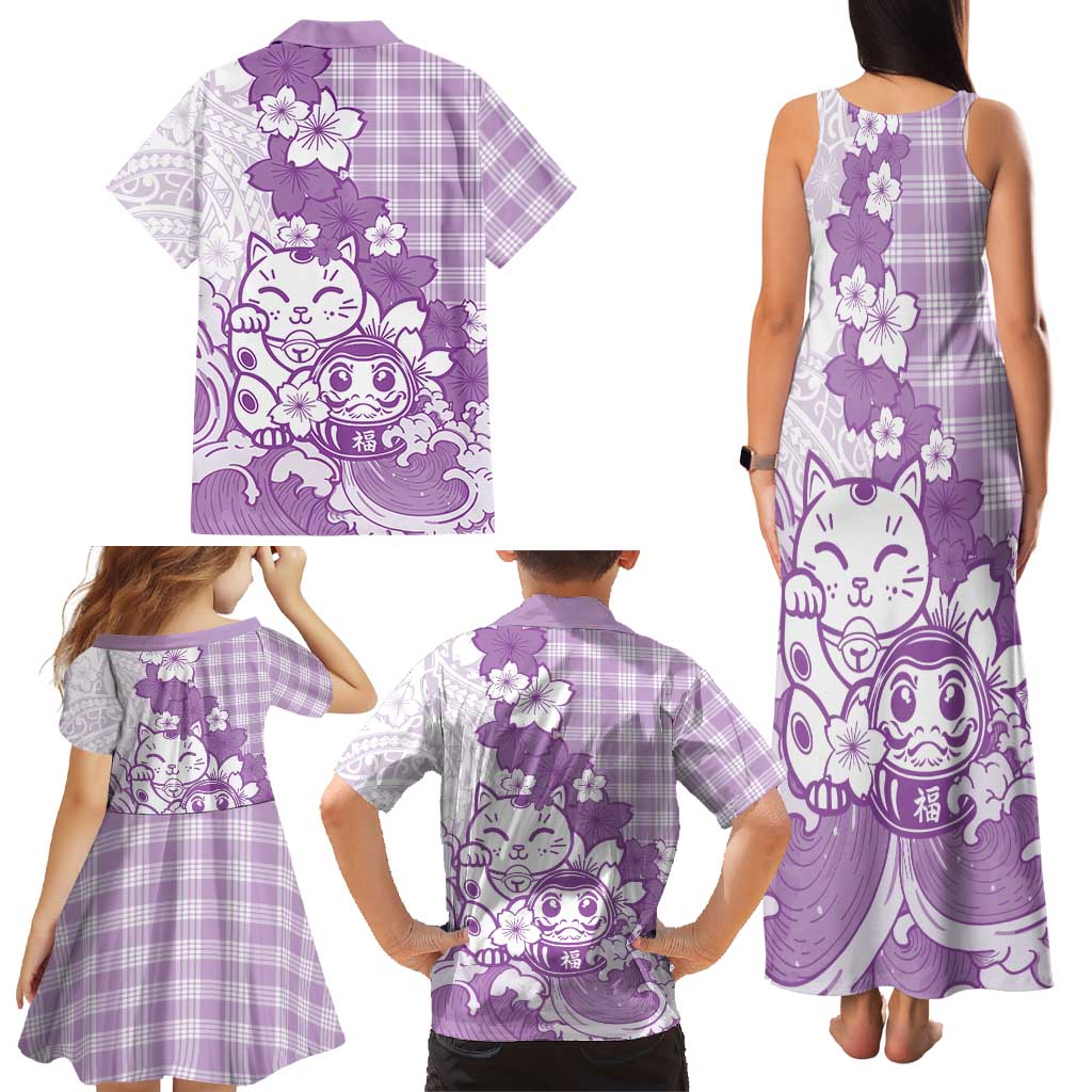 Purple Palaka Hawaiian And Japanese Family Matching Tank Maxi Dress and Hawaiian Shirt Maneki Neko And Sakura Bloom