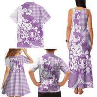 Purple Palaka Hawaiian And Japanese Family Matching Tank Maxi Dress and Hawaiian Shirt Maneki Neko And Sakura Bloom