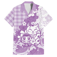 Purple Palaka Hawaiian And Japanese Family Matching Tank Maxi Dress and Hawaiian Shirt Maneki Neko And Sakura Bloom