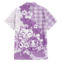 Purple Palaka Hawaiian And Japanese Family Matching Tank Maxi Dress and Hawaiian Shirt Maneki Neko And Sakura Bloom