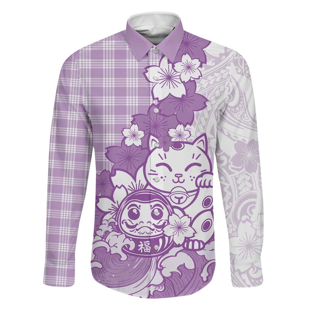 Purple Palaka Hawaiian And Japanese Family Matching Tank Maxi Dress and Hawaiian Shirt Maneki Neko And Sakura Bloom