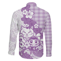 Purple Palaka Hawaiian And Japanese Family Matching Tank Maxi Dress and Hawaiian Shirt Maneki Neko And Sakura Bloom