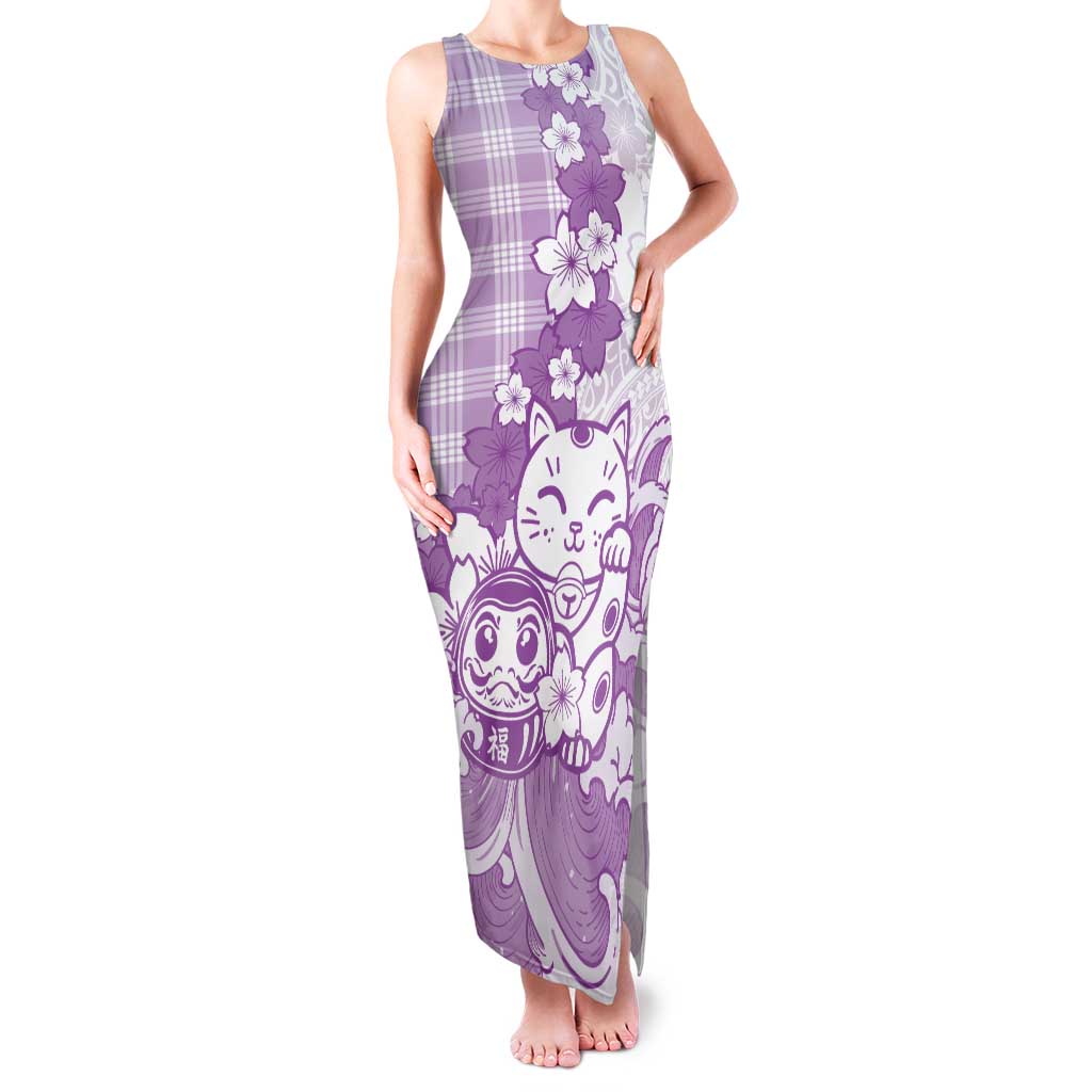 Purple Palaka Hawaiian And Japanese Family Matching Tank Maxi Dress and Hawaiian Shirt Maneki Neko And Sakura Bloom
