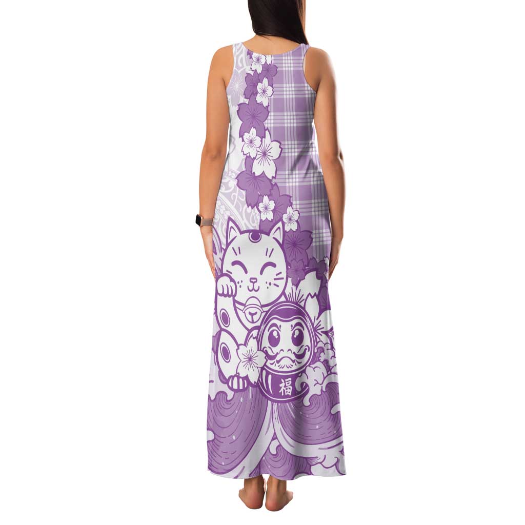 Purple Palaka Hawaiian And Japanese Family Matching Tank Maxi Dress and Hawaiian Shirt Maneki Neko And Sakura Bloom