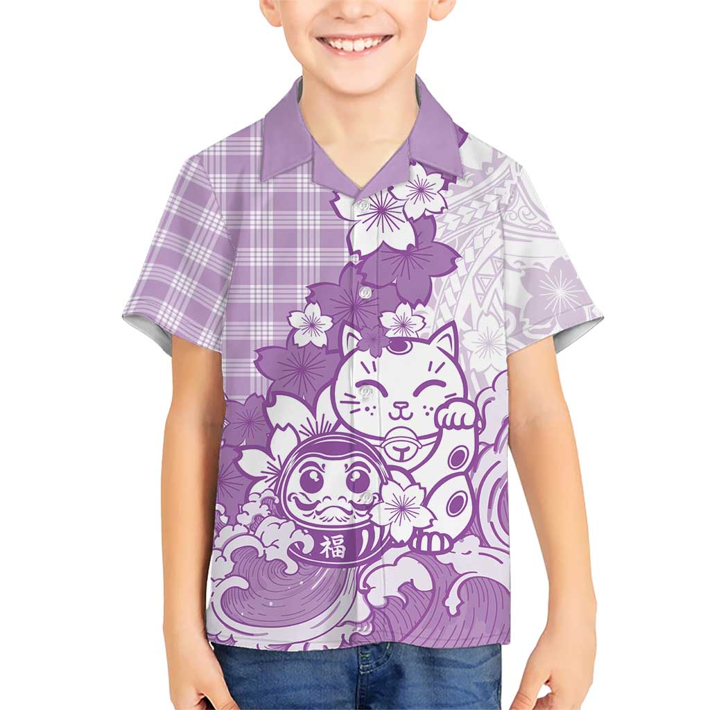 Purple Palaka Hawaiian And Japanese Family Matching Tank Maxi Dress and Hawaiian Shirt Maneki Neko And Sakura Bloom