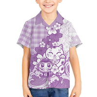 Purple Palaka Hawaiian And Japanese Family Matching Tank Maxi Dress and Hawaiian Shirt Maneki Neko And Sakura Bloom
