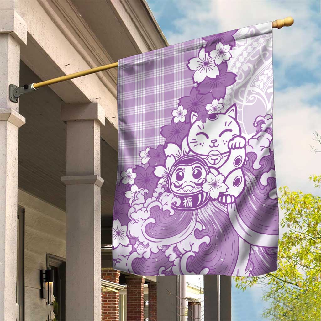 Purple Palaka Hawaiian And Japanese Garden Flag Maneki Neko And Sakura Bloom