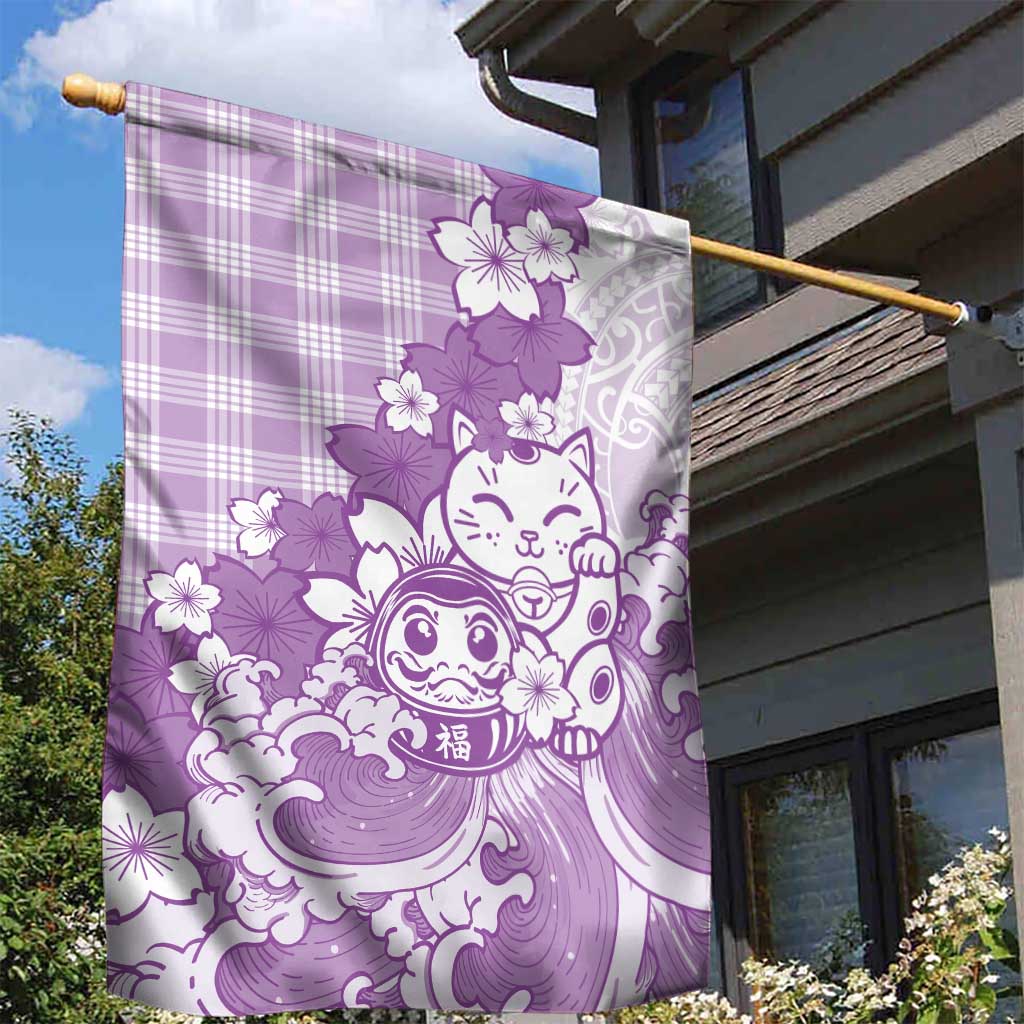 Purple Palaka Hawaiian And Japanese Garden Flag Maneki Neko And Sakura Bloom