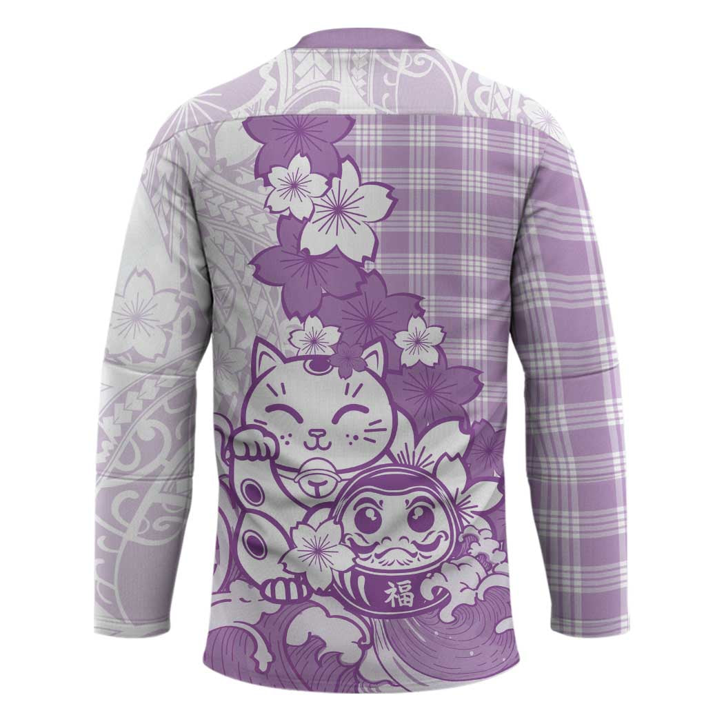 Purple Palaka Hawaiian And Japanese Hockey Jersey Maneki Neko And Sakura Bloom DT05 - Polynesian Pride