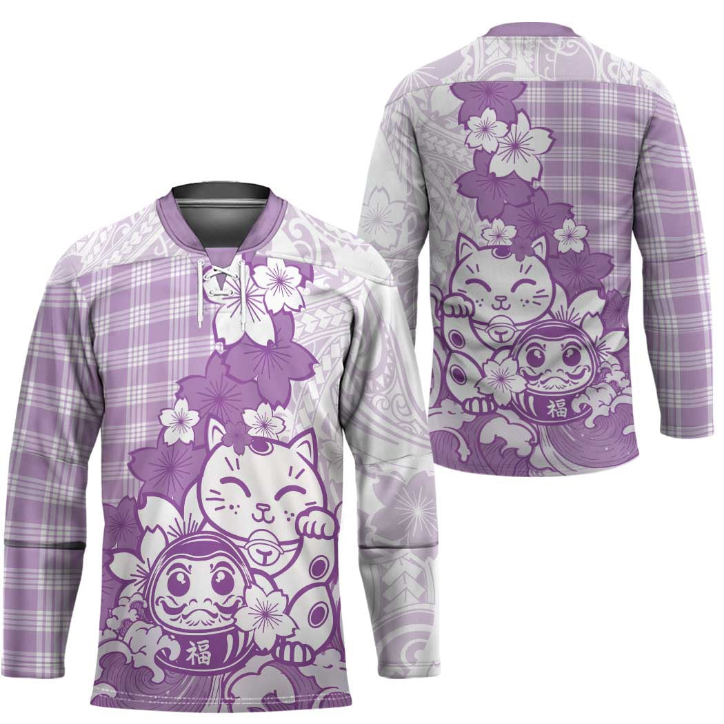Purple Palaka Hawaiian And Japanese Hockey Jersey Maneki Neko And Sakura Bloom DT05 - Polynesian Pride