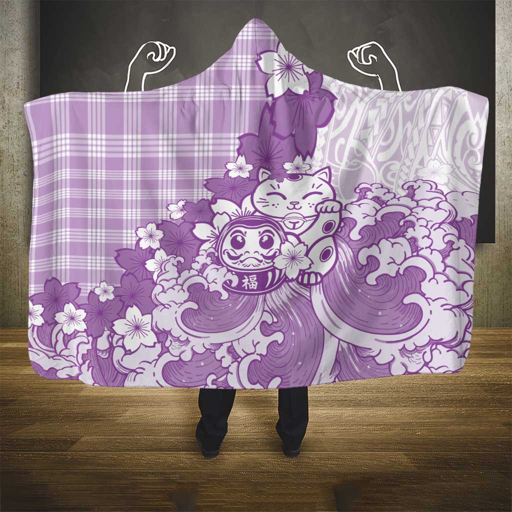 Purple Palaka Hawaiian And Japanese Hooded Blanket Maneki Neko And Sakura Bloom DT05 - Polynesian Pride