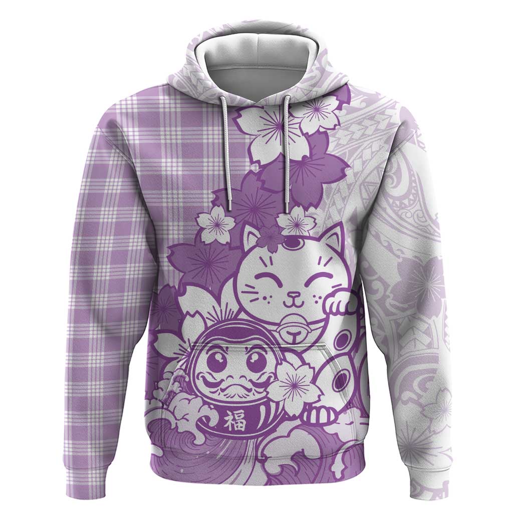 Purple Palaka Hawaiian And Japanese Hoodie Maneki Neko And Sakura Bloom DT05 Pullover Hoodie Purple - Polynesian Pride