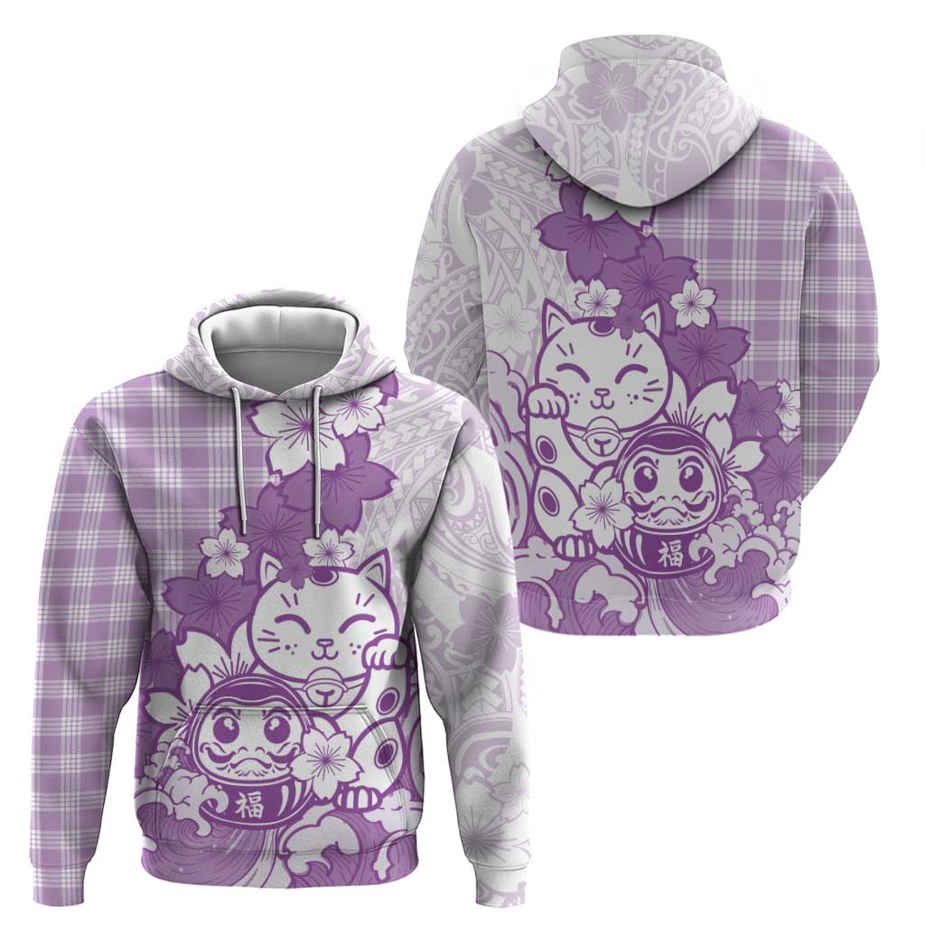 Purple Palaka Hawaiian And Japanese Hoodie Maneki Neko And Sakura Bloom DT05 - Polynesian Pride